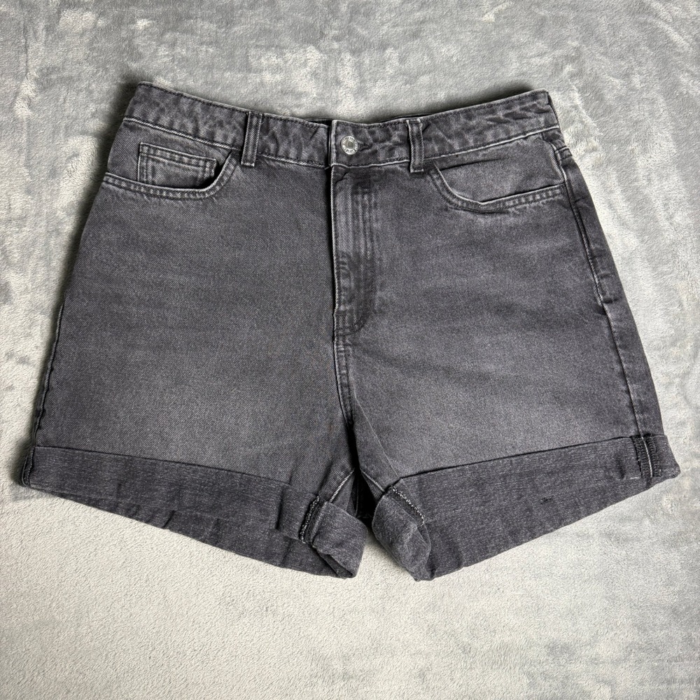 Mango MNG Mom80 Wmns Size 10 High Waisted Denim Shorts Washed Black Gray Cuffed